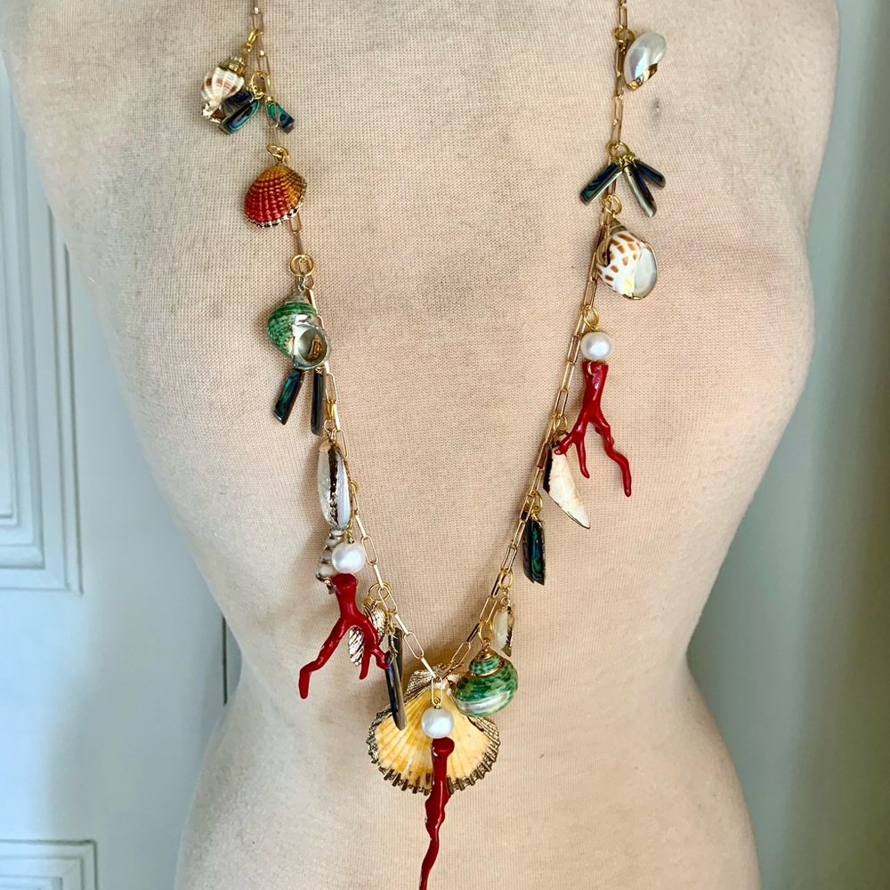 Beautiful Natural Shell & Pearl Necklace on 40” Paperclip Chain. Easy Clasp.